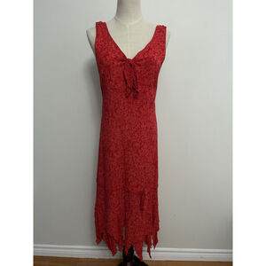 Chandl Collection Red Floral Beachcore Tiered Jagged Hem Boho Chic Maxi Dress